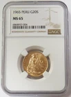 1965 GOLD PERU 20 SOLES SEATED LIBERTY NGC MINT STATE 65