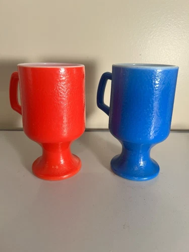 Vintage Red & Blue (2) Milk Glass Anchor Hocking Mug Coffee Cup Pedestal Footed
