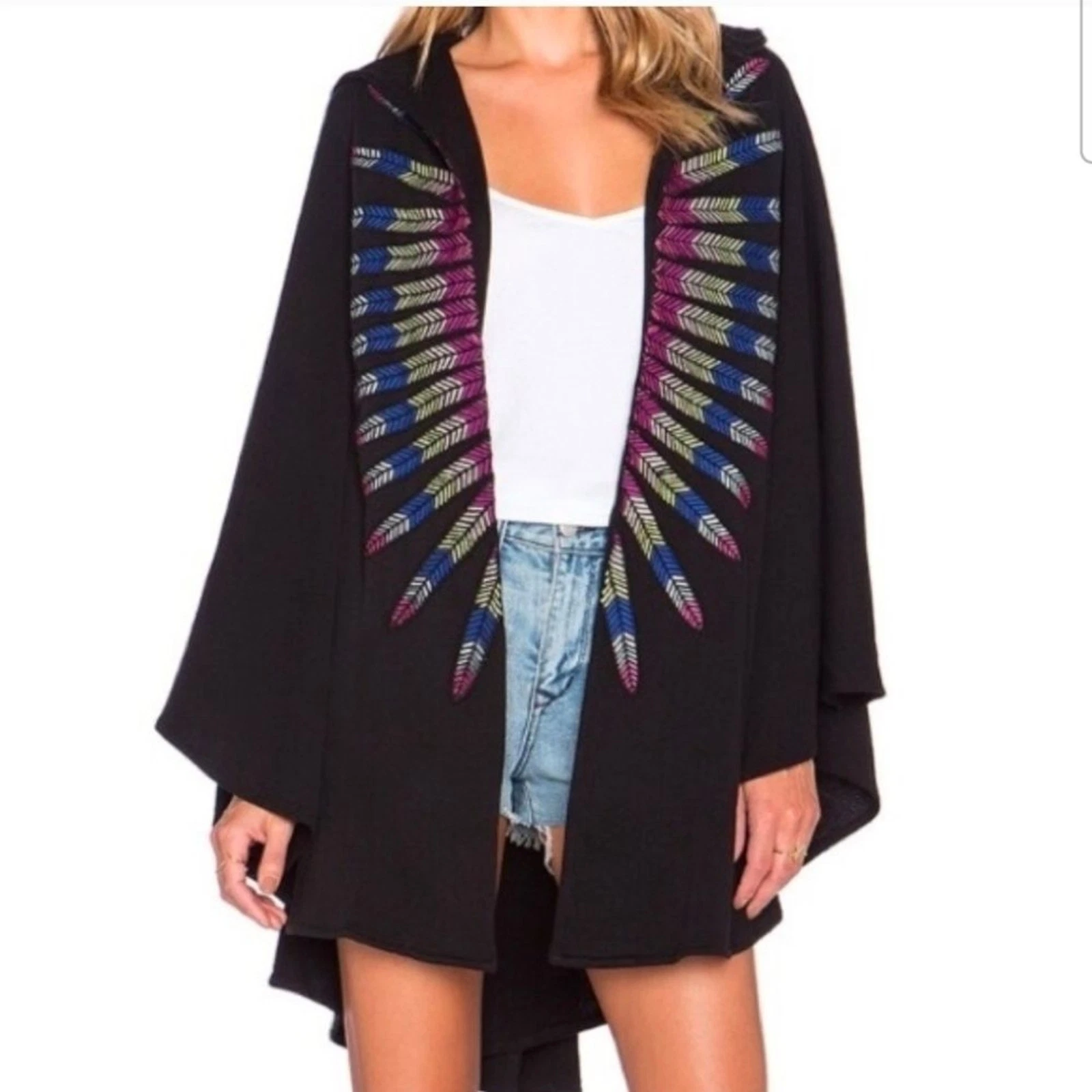 NEW Mara Hoffman BLACK Rare Embroidered Feather Poncho Cape Coverup One Size