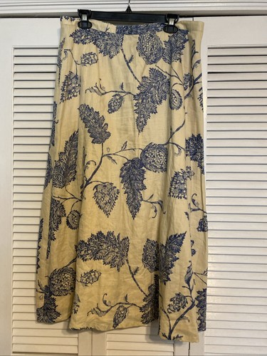 Gonna Lauren Ralph Lauren taglia 14 lino beige blu stampa foglia bottoni davanti foderata - Foto 3 di 7