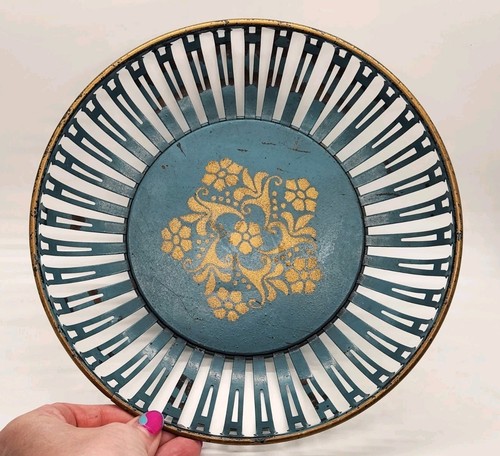 Vintage Art Deco Netzschale blau Metall mit goldenen Blumen Made in Germany - Bild 2 von 14