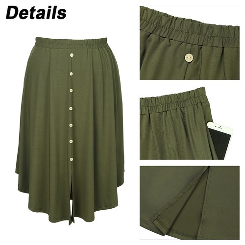Plus Size Women Elastic Waist Pleated Skirt Pockets Front Button Swing Dress - Picture 12 of 13