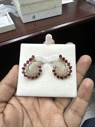 Natural Ruby Gemstone & Diamond Earring Flower Leaf, All Natural, 14k Gold - Picture 2 of 8