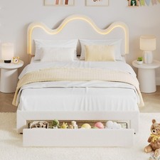 Twin Full Queen Bed Frame ,Boucle Upholstered LED Platform Bed Frame with Drawer
