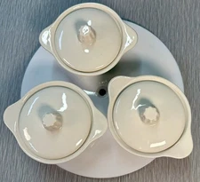 California Pottery 857 White Baking Dishes Ramekins W/ Lids ( 3)  Shabby Chic