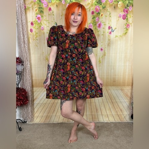 HANDMADE Vintage Colorful Hippie Retro Corduroy Floral Paisley Puff Sleeve Dress