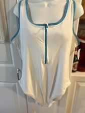 Old Navy XXL One Piece White Swimsuit Blue Trim Zips Built In Bra Beach Cruise