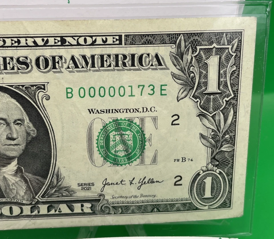 2021 $1 Dollar 💵 Bill  3 DIGIT LOW SERIAL NUMBER B00000173 E Five In A Row ZERO - Image 4 of 4