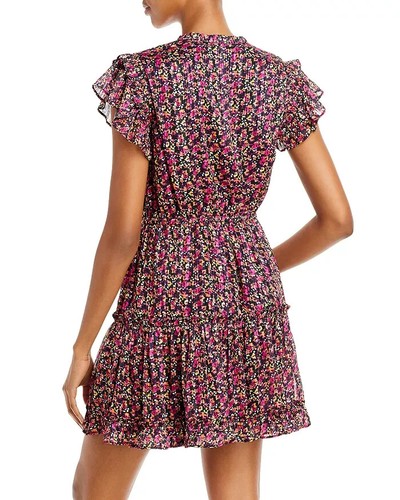 Aqua Dress Women' Medium Pink & Yellow Floral Flutter Sleeve Ruffle Metallic NWT - Picture 4 of 13