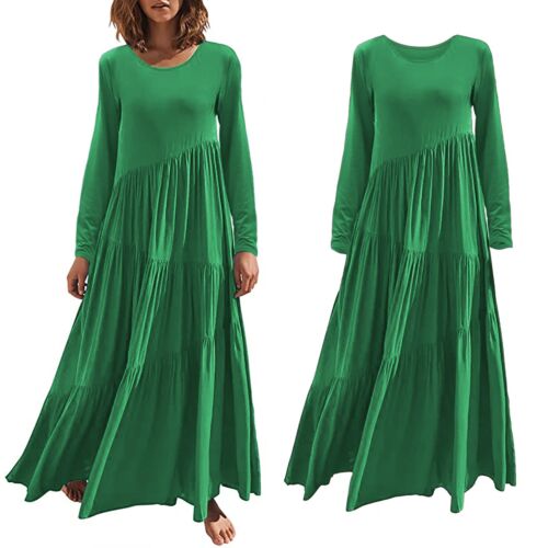 Women Long Sleeve Dress Crew Neck Casual Asymmetrical Swaying Summer Beach Dress - Picture 34 of 51