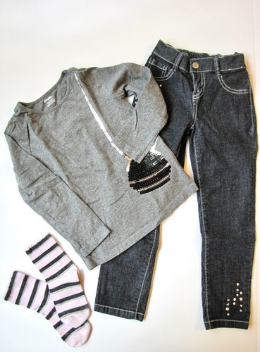 Gymboree Mädchen 2010 Sugarplum Glitzer Set Pailletten Jeans grau Top Socken 3 4 Jahre - Bild 1 von 12