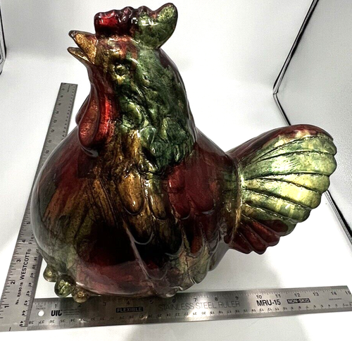 Grande scultura gallo dipinto a mano arte ceramica statuina ceramica 12" x 13" - Foto 12 di 13