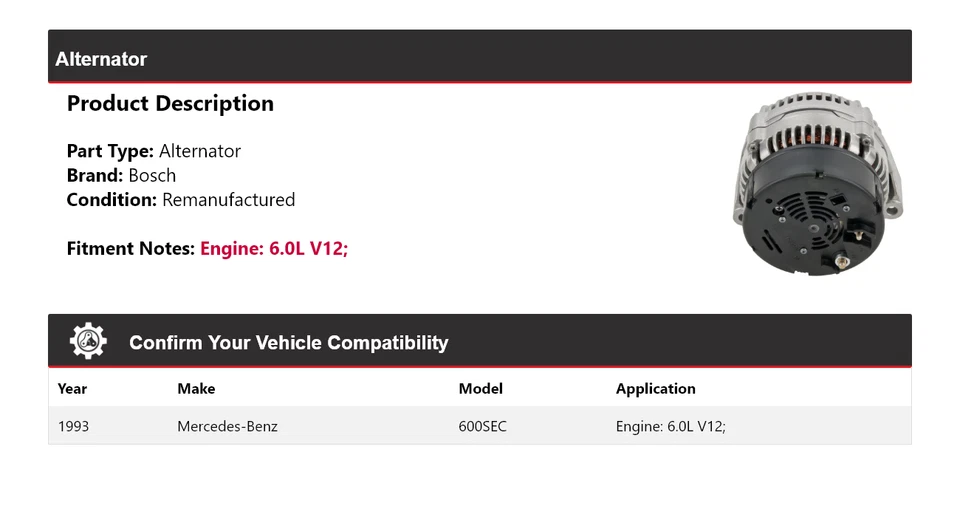 Alternador Bosch 1993 Mercedes 600SEC 6.0L V12 (Remanufaturado) - Imagem 2 de 4
