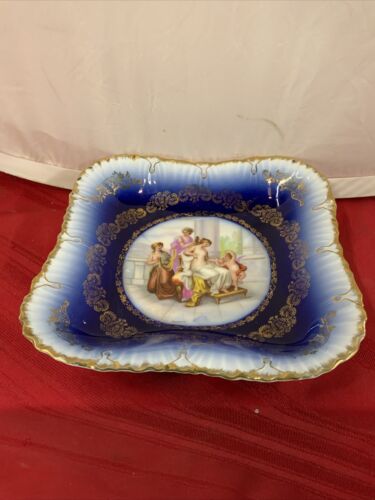 Victoria Carlsbad Austria Vintage Dish Bowl Plate Blue Gold Decor Portrait 9 1/2 - Picture 4 of 11
