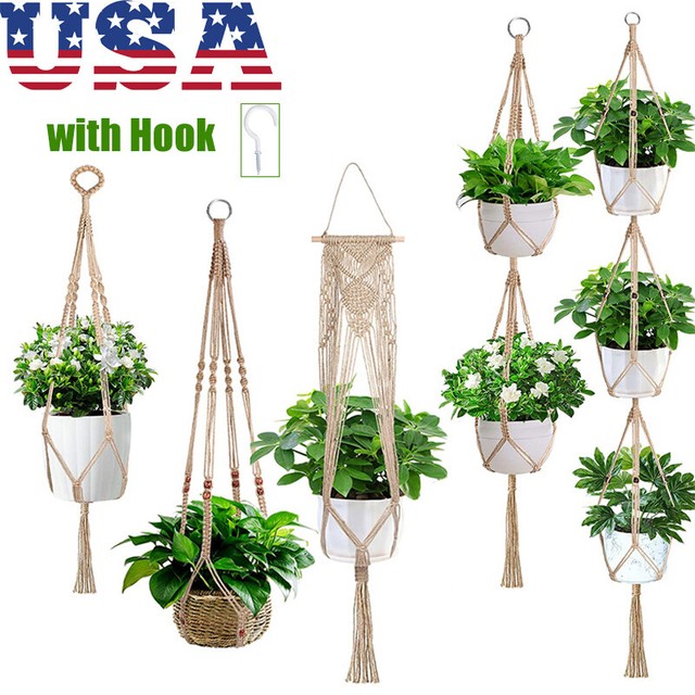 4 Pack Garden Plant Hanger Macrame Hanging Planter Basket Rope Pot Holder Decor