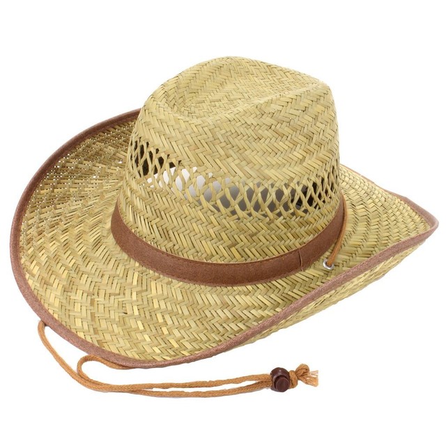 STRAW COWBOY HAT WITH BROWN BAND & TRIM SHAPEABLE BRIM FESTIVALS ZN9332 STRAW COWBOY HAT WITH BROWN BAND & TRIM SHAPEABLE BRIM FESTIVALS ZN9332
