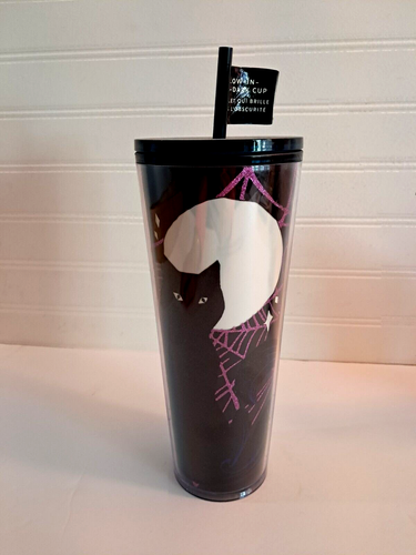 Starbucks Tumbler Halloween Glow in the Dark Black Cat Moon Spiderweb 2021 New - Picture 3 of 12