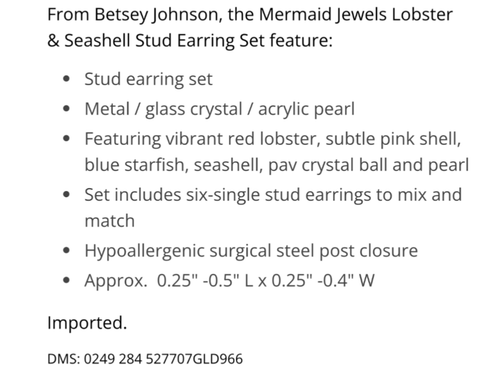 Betsey Johnson starfish shell Stud Earrings Set Lobster rhinestone pearl beach - Picture 4 of 6