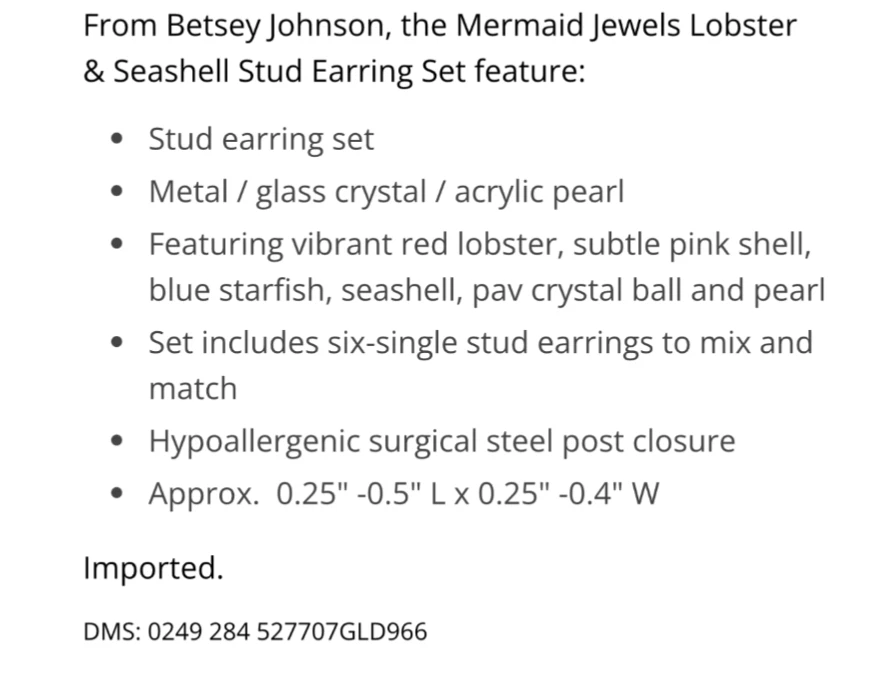 Juego de aretes Betsey Johnson estrella de mar concha langosta estrás perla playa Foto 4 de 4