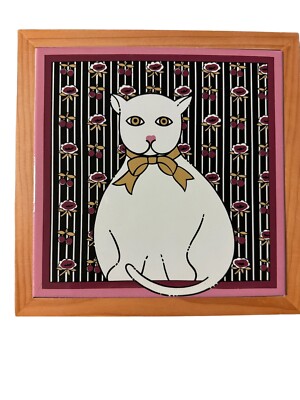 Vintage Ceramic Tile Wood Cat Trivet Wall Hanging Japan 9 