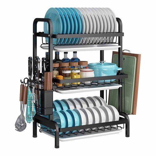 Dish Rack 2/3 Tier Dish Dryer Drainer Drying Rack Drip Trays Kitchen Storage - Picture 2 of 35