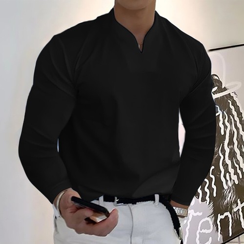 Autumn Mens Solid V Neck T-shirts Slim Fit Casual Long Sleeve Blouse Tops Tees - Picture 20 of 31