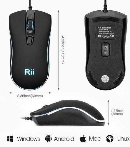 Rii Mysz przewodowa, mysz komputerowa RM105 USB, RGB optyczne myszy biurowe do komputera 10-pak - Zdjęcie 9 z 10