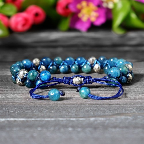 Natural Double Braided Blue Apatite Crystal Healing Reiki Men Women Bracelet - Picture 2 of 5