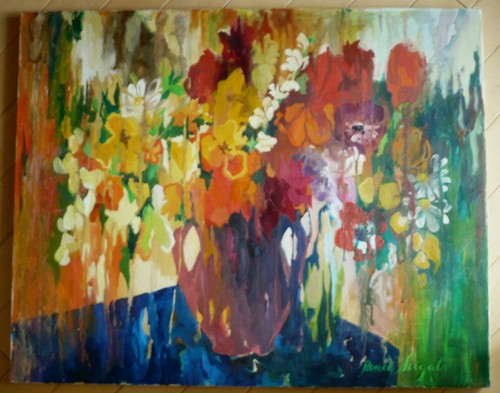 FIRMA MISTERIOSA ILEGIBLE, FLORES FLORALES MODERNISMO MODERNO ACEITE COLORISTA GOTEO - Imagen 1 de 12