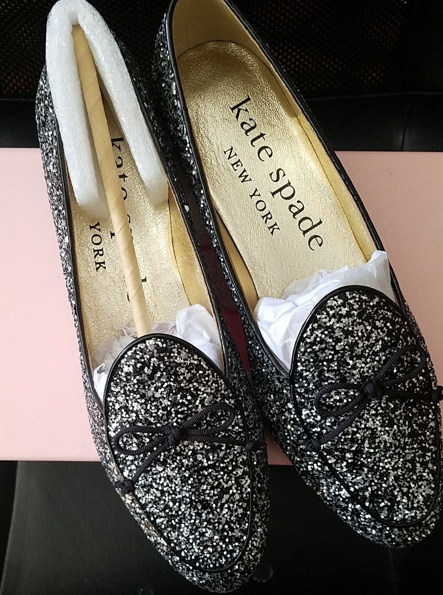 Kate Spade New York Devi Black Silver Glitter Loafer Flat Shoe
