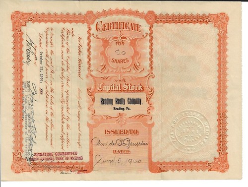 Pennsylvania 1905 Reading Realty Company Aktienzertifikat #17 - Bild 2 von 2