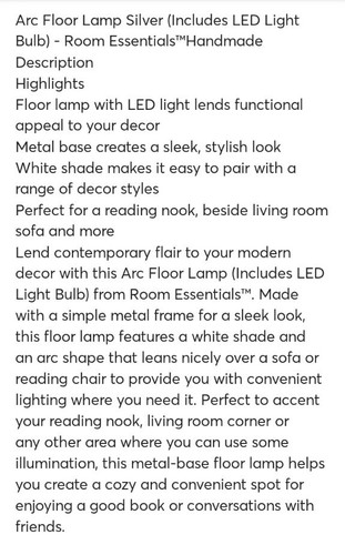 ROOM ESSENTIALS SILVER ARC FLOOR LAMP 58” INCHES TALL, tilting neck, new in box - Picture 5 of 6