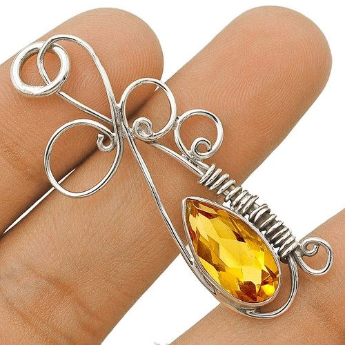 Natural 4CT Golden Citrine 925 Solid Sterling Silver Pendant 2" Long @B5-7