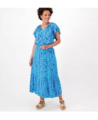 Destination 365 Printed Short Sleeve Midi Dress With Smocking Size L Turquoise
