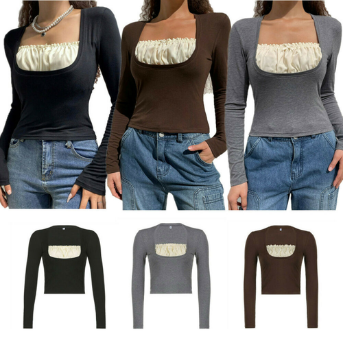 Lässiges gerafftes Langarm-T-Shirt mit quadratischem Ausschnitt für Damen Slim Fit Bluse