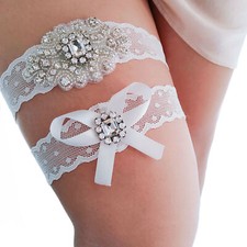 White/black Bridal Garter Lace Suspender Thigh Ring Belt Beaded Wedding 2pcs/Set