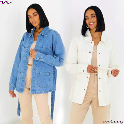 Damen DENIM Shacket Freizeitjacke Bindegürtel Top Shirt Mantel Tunika Oversize Jeans
