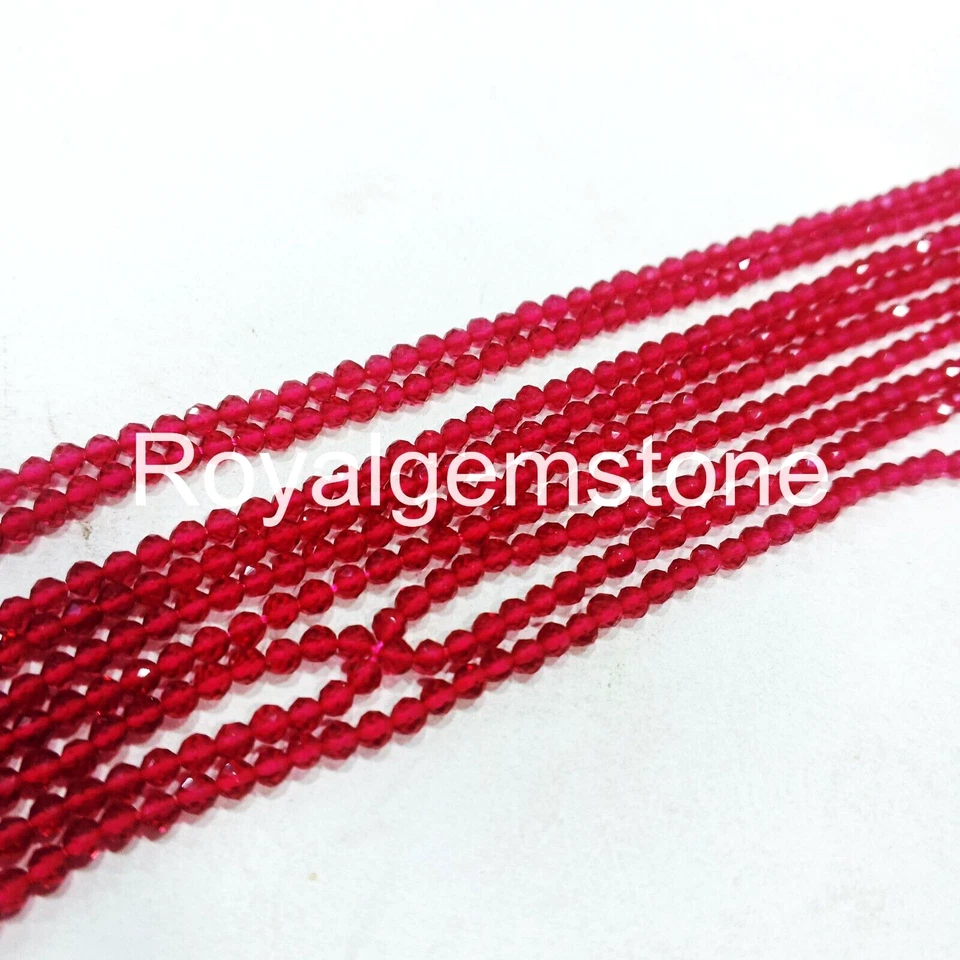 Venta al por mayor Lote de cuentas de rubí, cuentas sueltas redondas facetadas artificiales 2 mm 10" hebra Foto 3 de 4