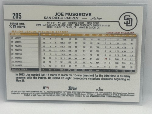 Joe Musgrove 2024 Topps Series 1 Baseball # 205 - Bild 2 von 2
