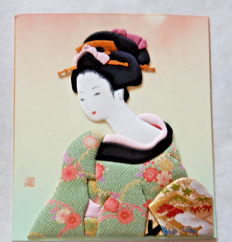 Vintage Japanese Oshie, Geisha Kimono 3D Silk Fabric Art, Folk Art 1960s, Japan