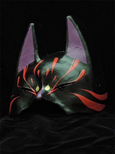 Komendo Goku Half Face Hand Painted Fox Mask Kitsune Paper Black Japan New - Picture 5 of 7