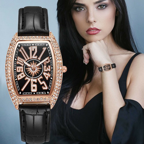 Womens Casual Watch Leather Wrist Watch Rectangle Diamond Analogue Wrist Watch - Picture 8 of 15