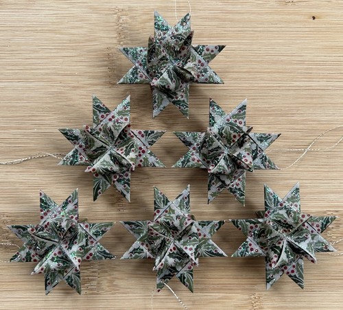 (6) Moravian Star Christmas Ornaments 2" Holly Berry Handmade Paper Wax Glitter - Picture 3 of 6