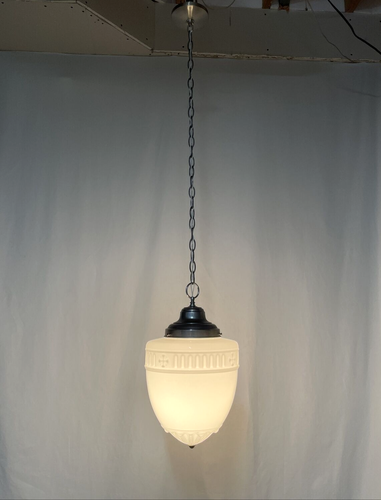 RESTORED Antique Vtg LARGE Art Deco Glass Pendant Light Chandelier, Schoolhouse - Picture 4 of 24