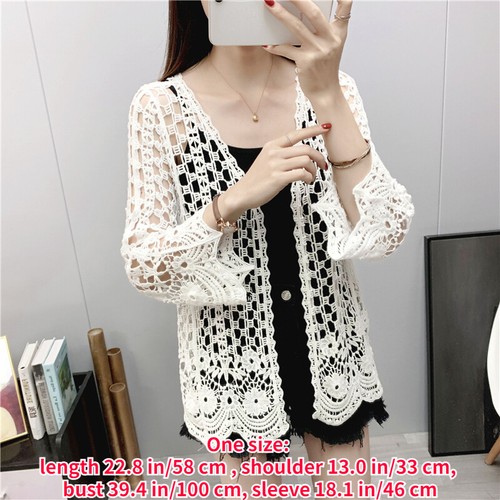 Damen Strick Häkel Cardigan Offen Spitze Blumen 3/4 Ausgestellte Ärmel Locker Freizeit - Bild 2 von 12