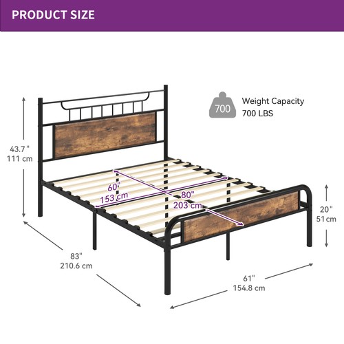 Queen Size Bed Frame Heavy Metal Platform Bed w/ Wooden Headboard and Footboard - Picture 3 of 10