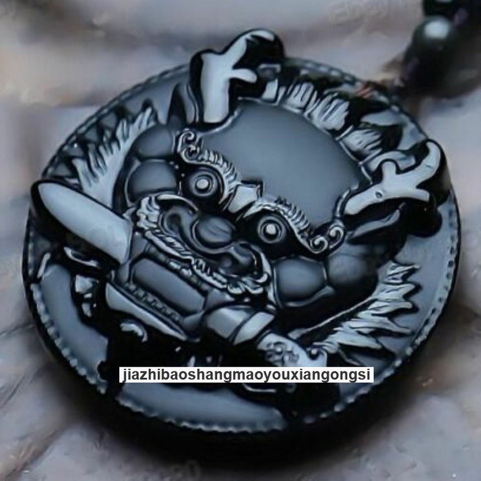 Natural black obsidian dragon head necklace amulet pendant with bead