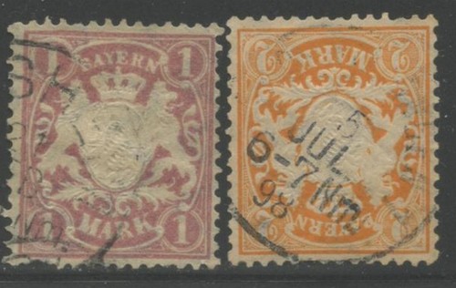 Germany-BAVARIA Sc#54a, 55a 1890-1900 1, 2 marks Used with Faults