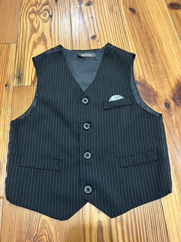 Boys Youth Sz 5 Formal Wear Striped Black Vest Silky Back Suit Special Occasion - Picture 2 of 4