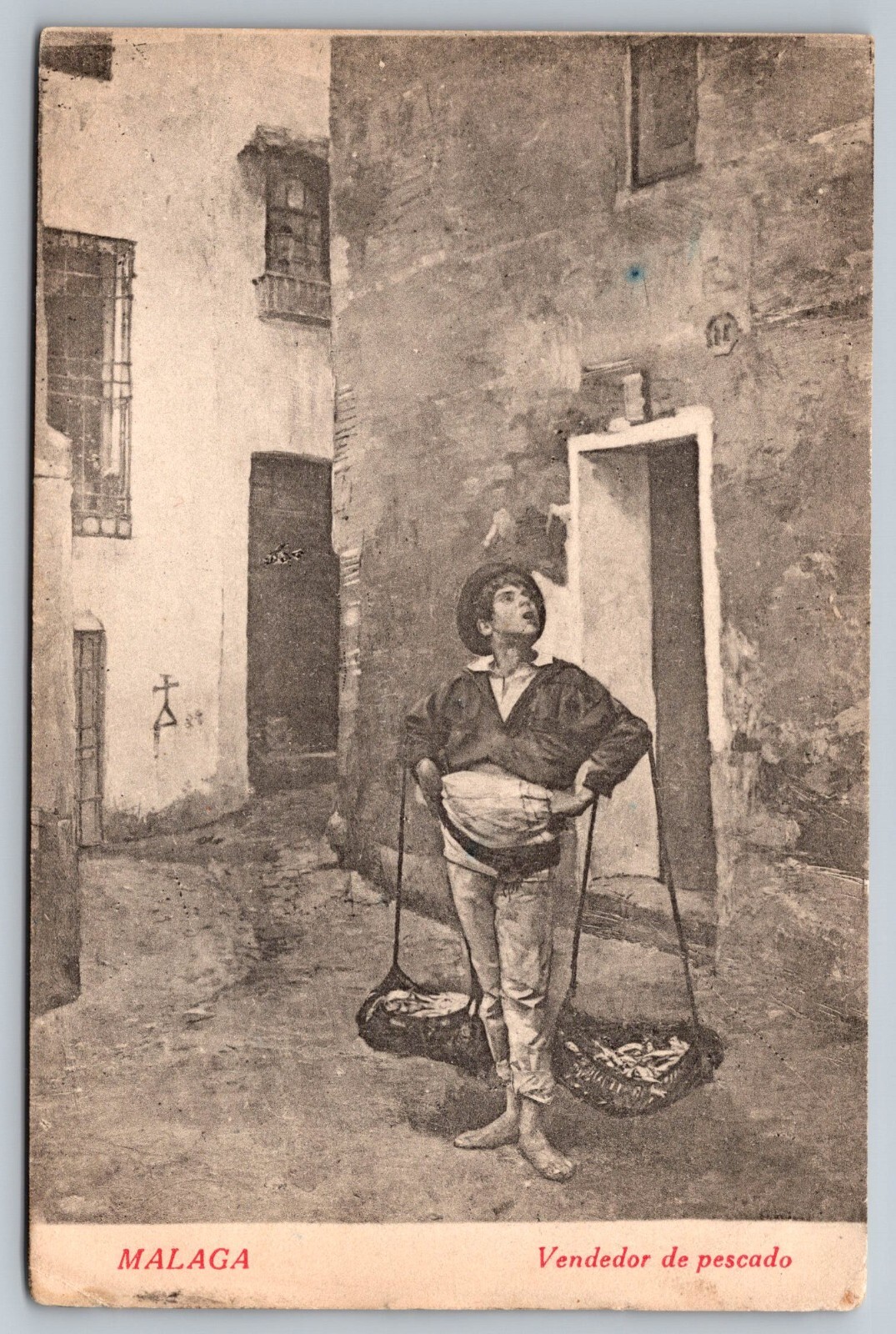 Postal B 100, Málaga, Vendedor de pescado. pescadería